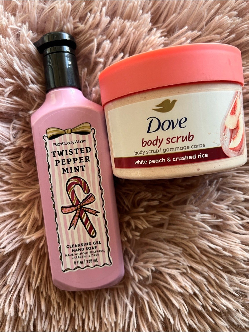 Bath & Body Works Pink Twisted Peppermint Cleansing/Dove Peach Rice Scrub Bundle